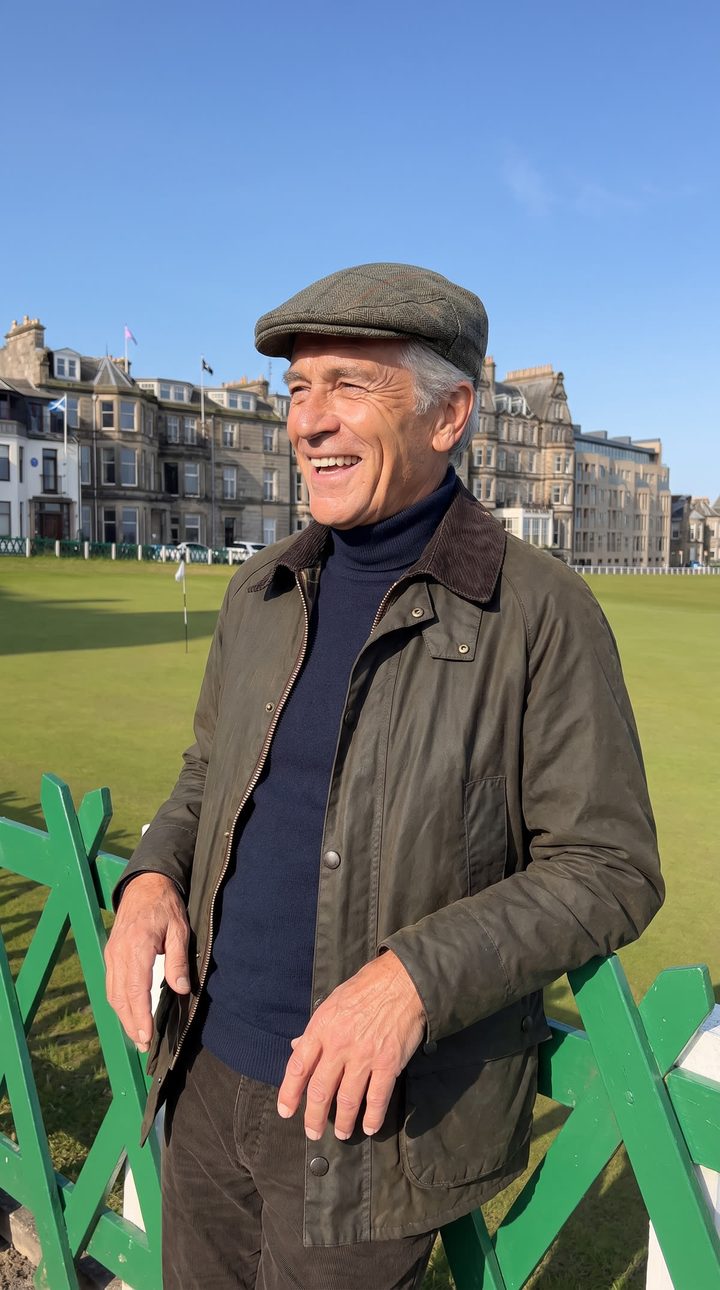Gordie in his flat cap beside a green fence at St Andrews